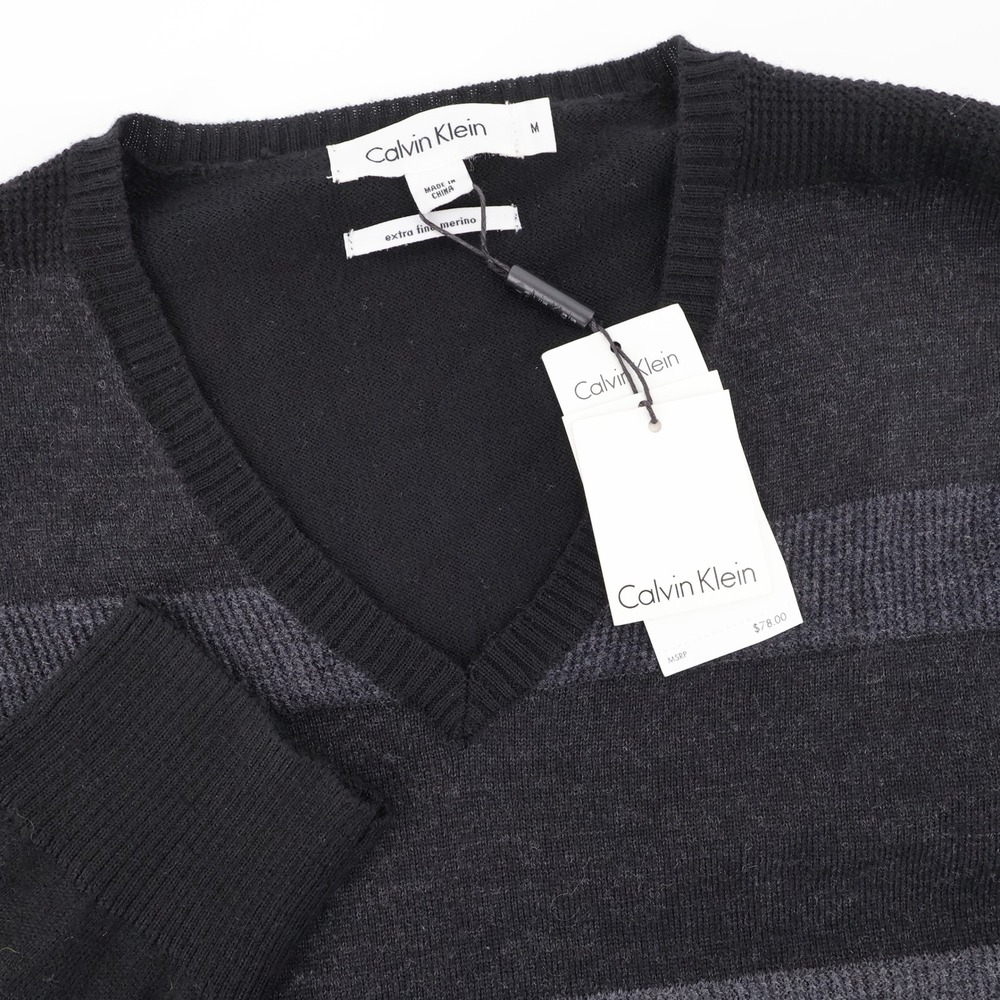 NEW Calvin Klein Merino Wool Striped V-Neck‎ Sweater Grey Mens Medium